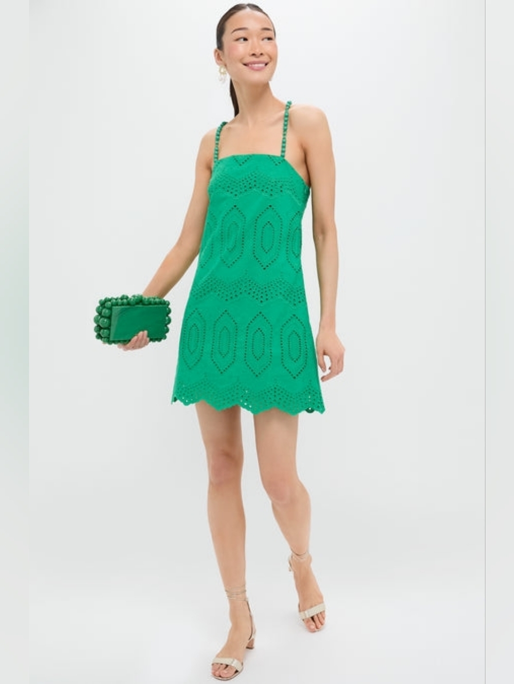 Hyacinth House Green Eyelet Beaded Straps Mini Ibiza Dress